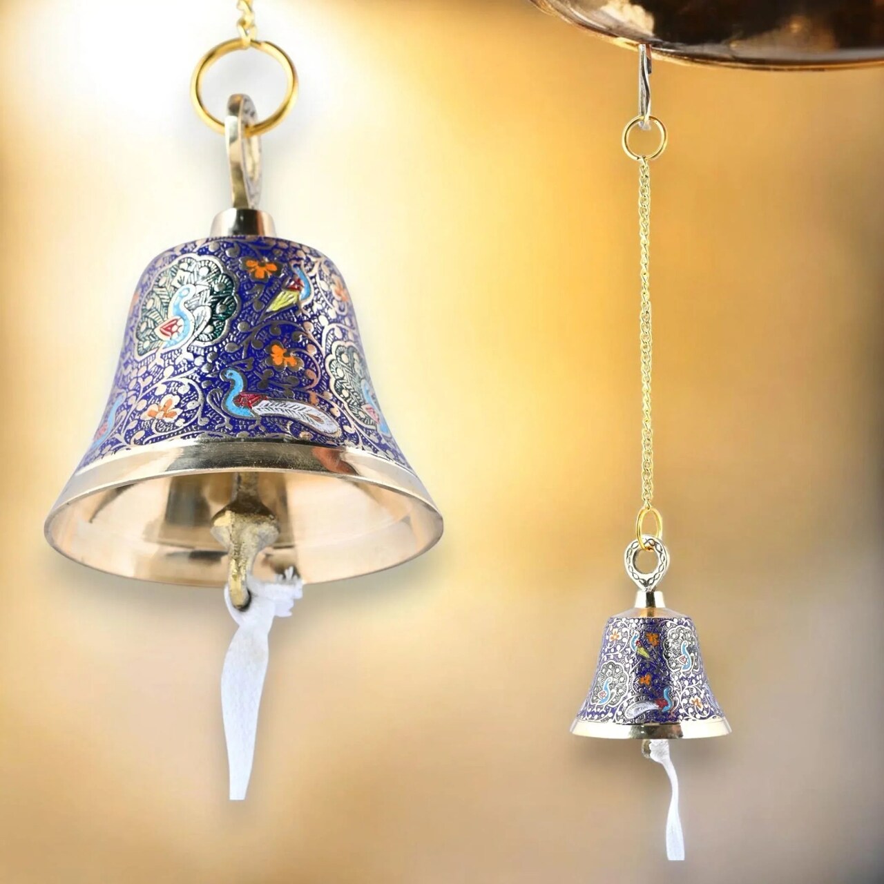 Antique Brass Hanging Bells with Chain for Temple Pooja Room Mandir Decor Peacock Print Small Hanging Bell - 4.75x4 inch Puja Ghanti for Housewarming Gift (Chain Length With Hook 12 Inches)